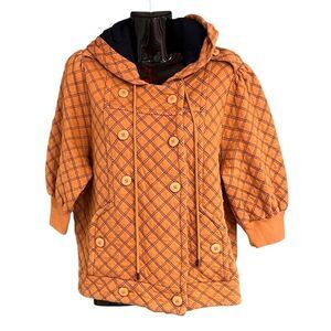Marc by Marc Jacobs Orange & Blue Quilted Checker Print Short Sleeve Hooded Swea